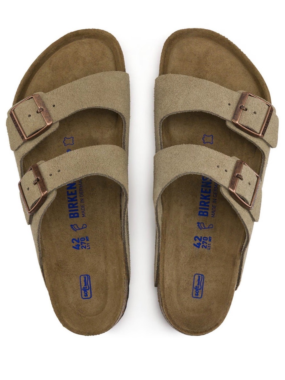 Birkenstock Arizona Suede Soft Footbed Sandals in Taupe. Size 39